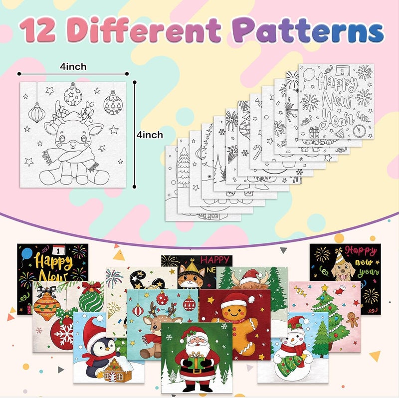 Anseal 12 Packs Pre Drawn Canvas to Paint, 4" X 4" Merry Christmas Happy New Year Pre-Printed Canvas Paint Party, Stretched Outline Painting Boards for Beginners, Party Favor - Image 3